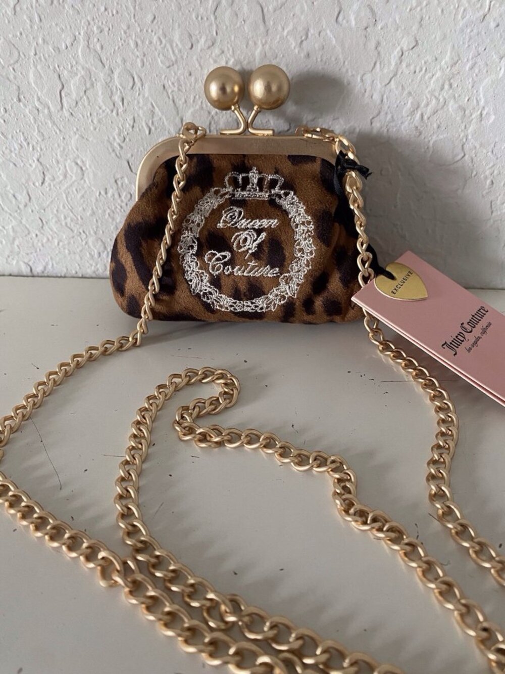 Juicy Couture Queen Of Couture Kisslock Coin Purse W/Chain Natural Leopard NEW